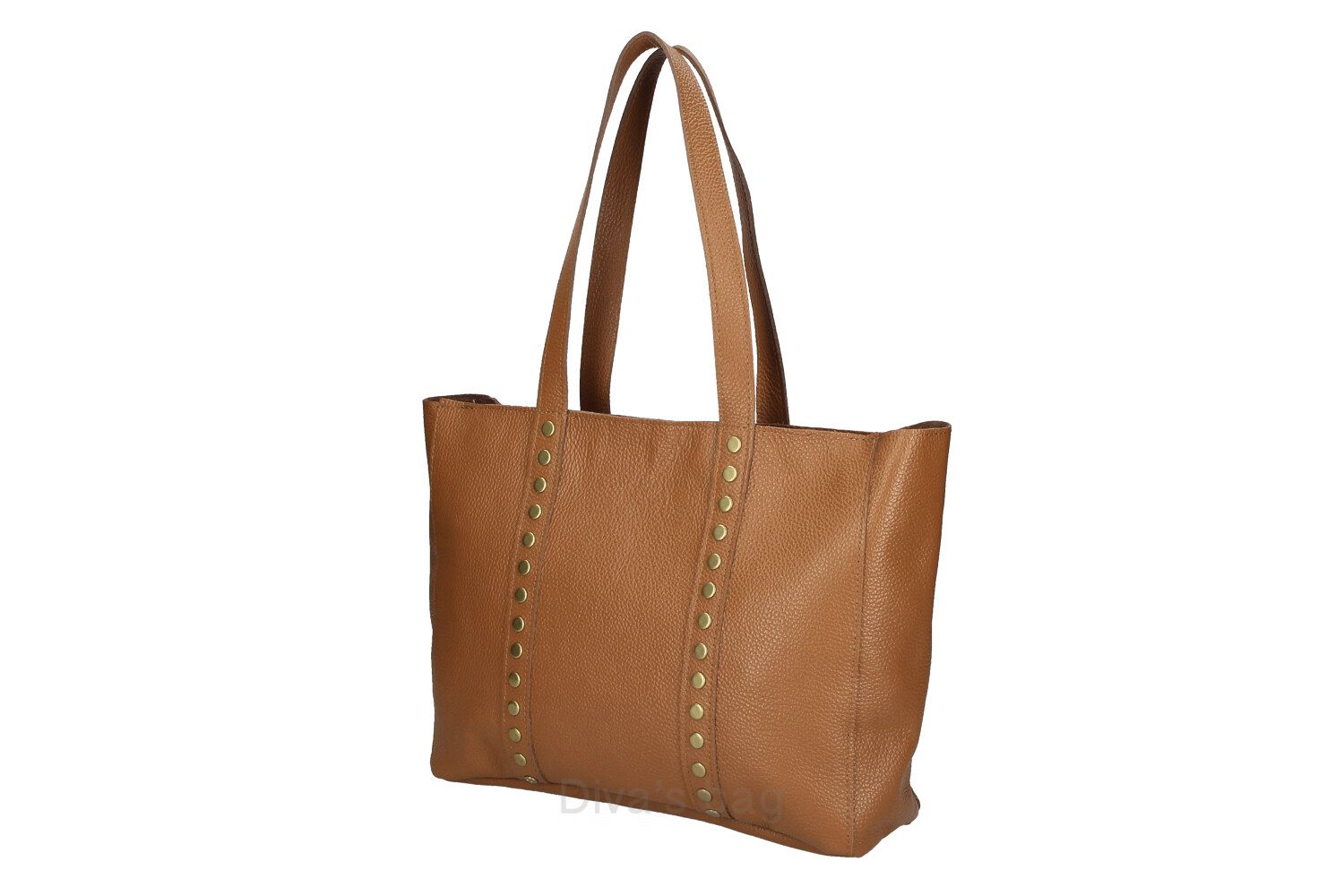 Maxi leren tas met messing studs - brede schouderband - shopper - kleur COGNAC