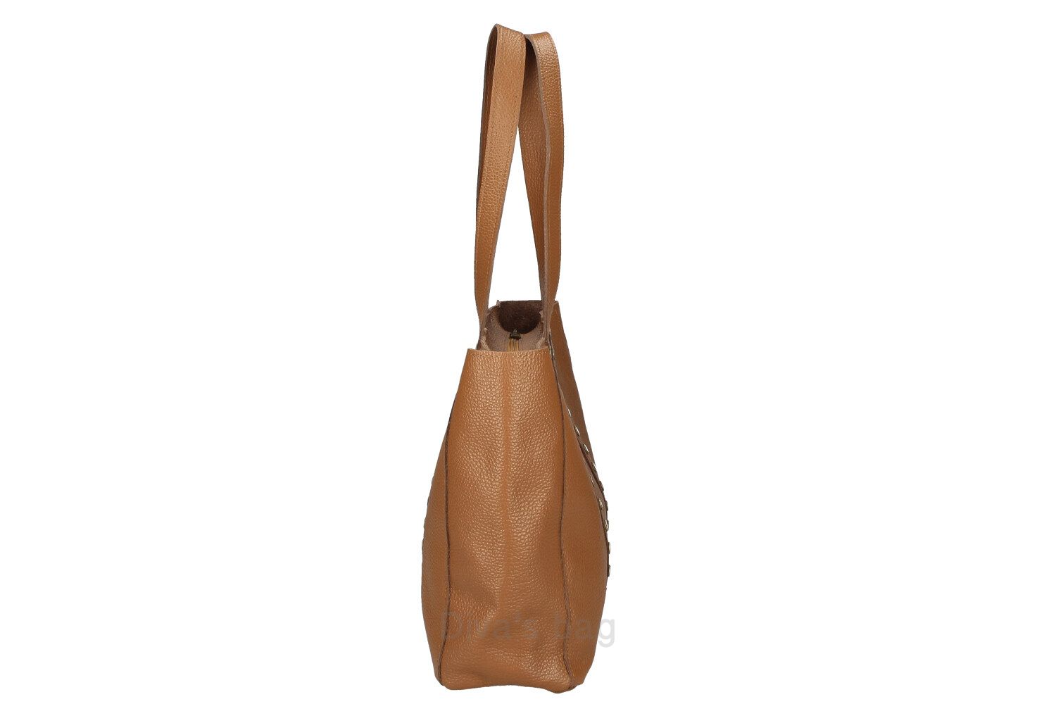 Maxi leren tas met messing studs - brede schouderband - shopper - kleur COGNAC