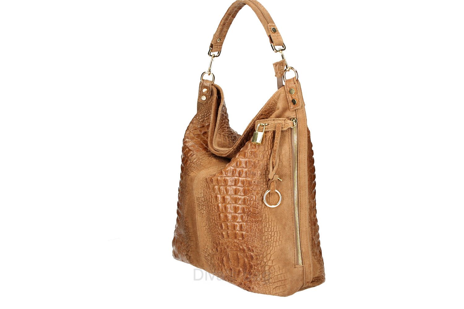 MAXI 100% lederen tas - met Krokodilprint - gouden accessoires -  ritssluiting - COGNAC kleur