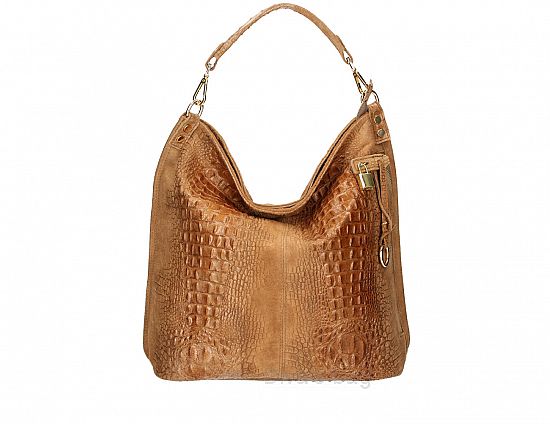 MAXI 100% lederen tas - met Krokodilprint - gouden accessoires -  ritssluiting - COGNAC kleur