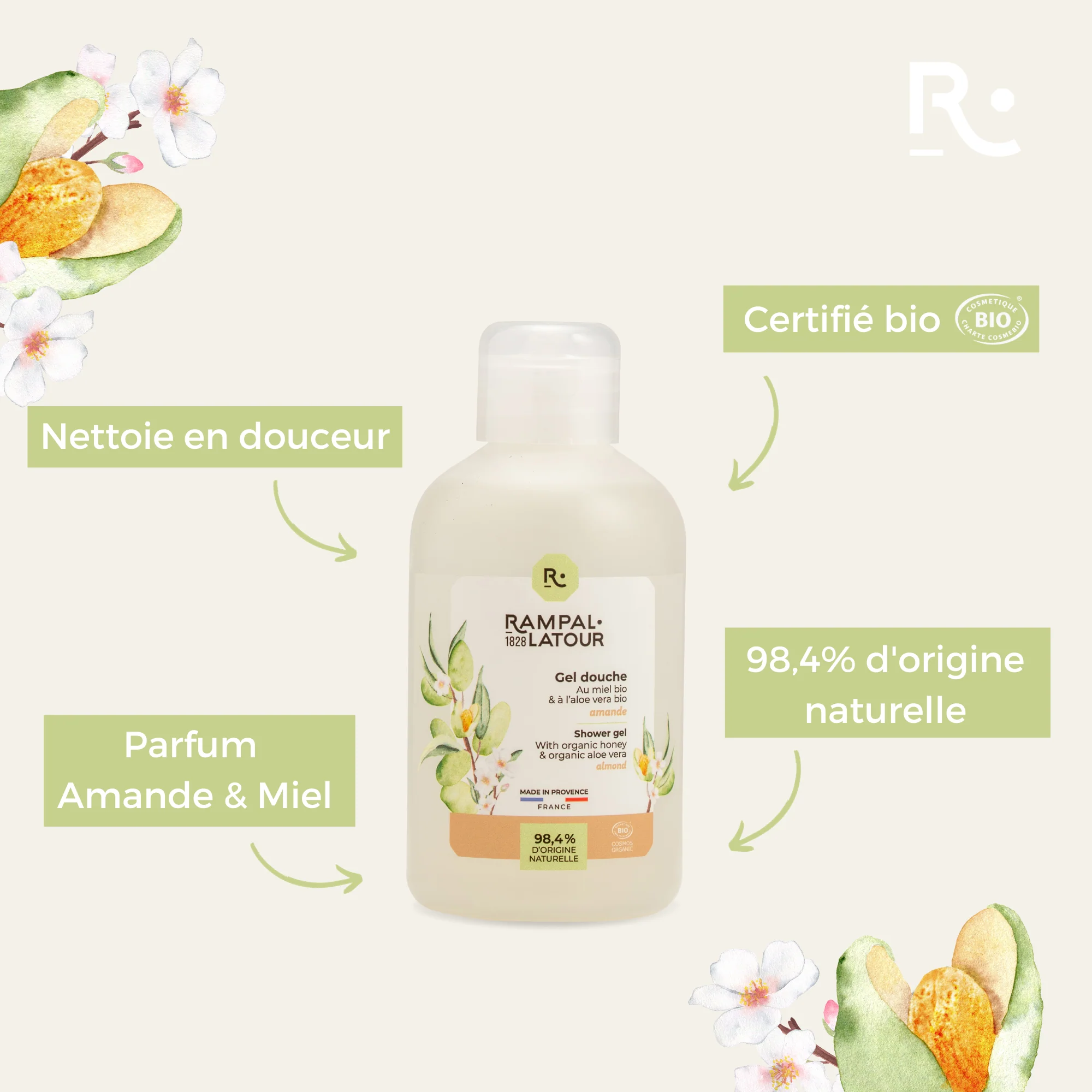 Gecertificeerd biologisch Douchegel en shampoo Amandel - gevoelige haar en huid - 250ml - Cosmos Organic