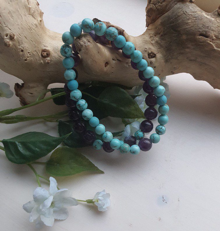 Handgemaakte dubbel armband van edelsteen, sieraden van Amethist en Chinese Turquoise 2st