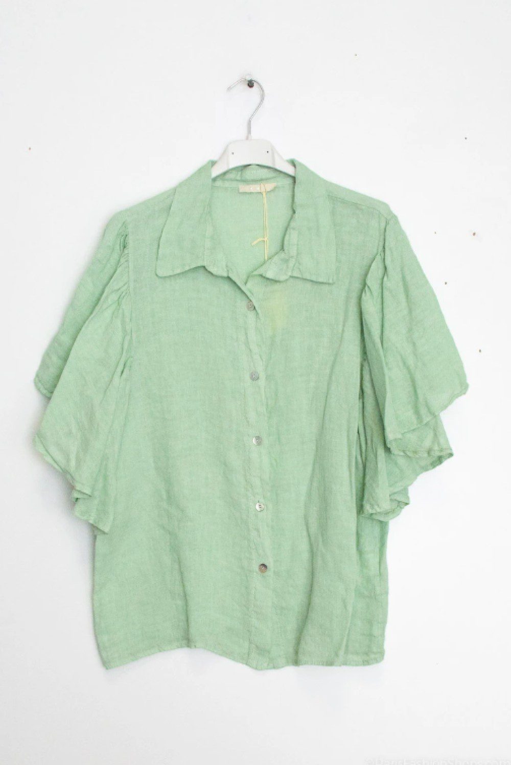 Luchtige linnen blouse met krag - Korte mouwen met ruches - MUNT - maat 38/40