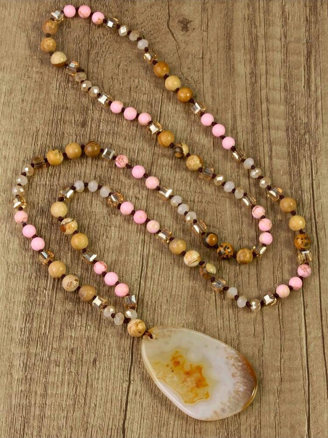 Boho lange ketting van edelsteen - onregelmatige Agaat bruin of beige tinten - piscture Jaspis - Rhodoniet - Afbeelding 3