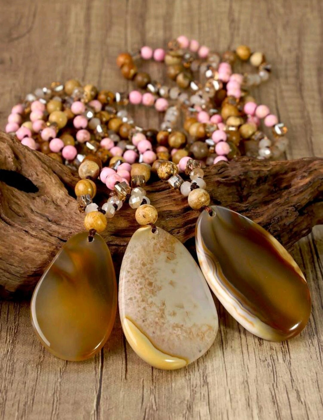 Boho lange ketting van edelsteen - onregelmatige Agaat bruin of beige tinten - piscture Jaspis - Rhodoniet