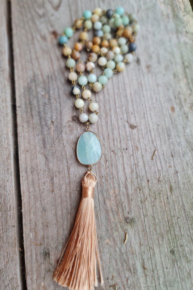 Boho edelsteen lange ketting - kralen ketting  Blauw kleur - fluoride - Aquamarijn - 8mm kralen