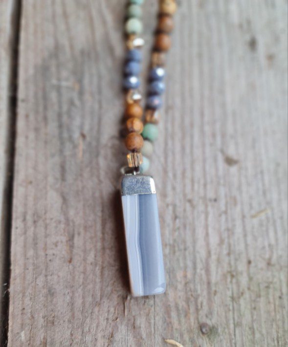 Boho lange edelsteen ketting - kralen Picture Jaspis en Flouride - massieve grijze Agaat hanger - Afbeelding 3