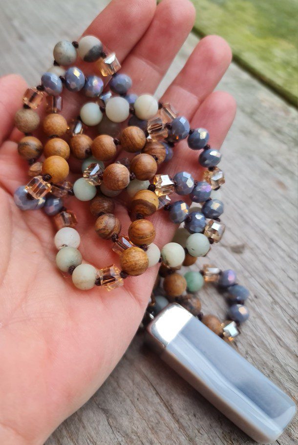 Boho lange edelsteen ketting - kralen Picture Jaspis en Flouride - massieve grijze Agaat hanger - Afbeelding 4