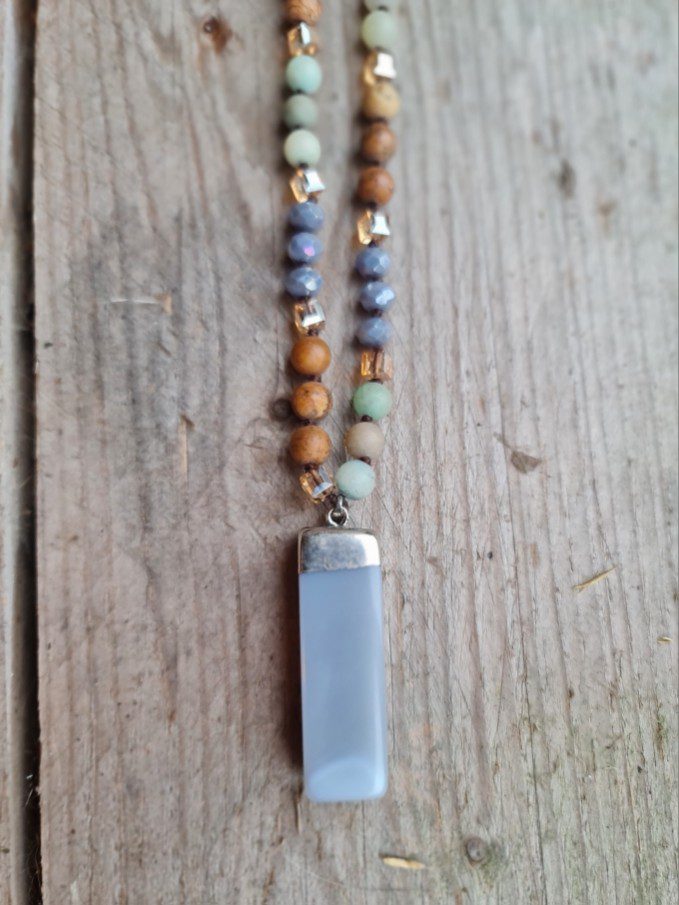Boho lange edelsteen ketting - kralen Picture Jaspis en Flouride - massieve grijze Agaat hanger