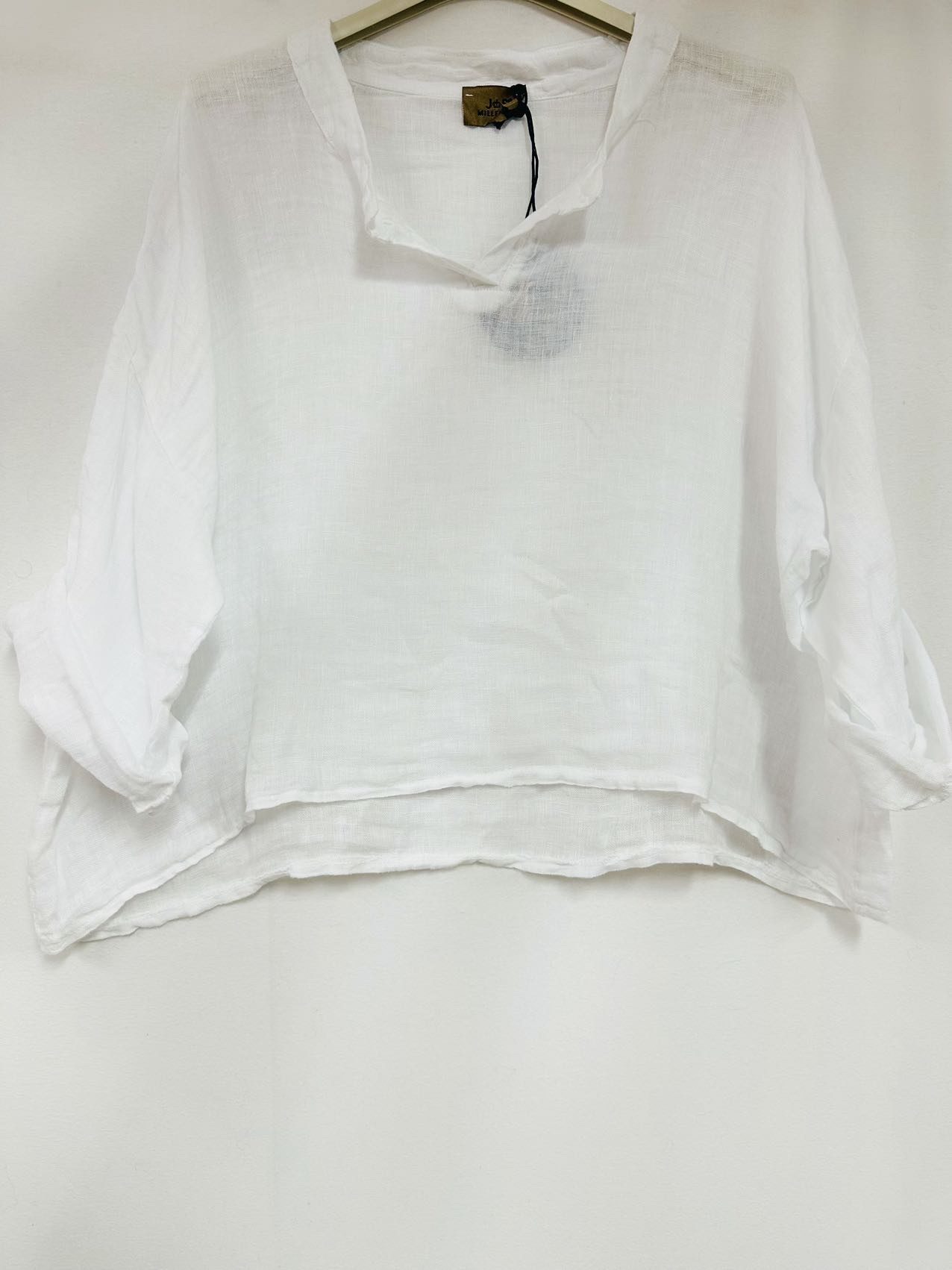 Mooi linnen korte - cropped top - v-hals hals - kraagje - raglan mouwen kleur WIT - one size