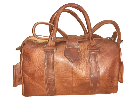 Handgemaakte cilindrische runden leer tas - midden groot - ritssluiting - zijkant zaken - handvatten LICHT BRUIN kleur