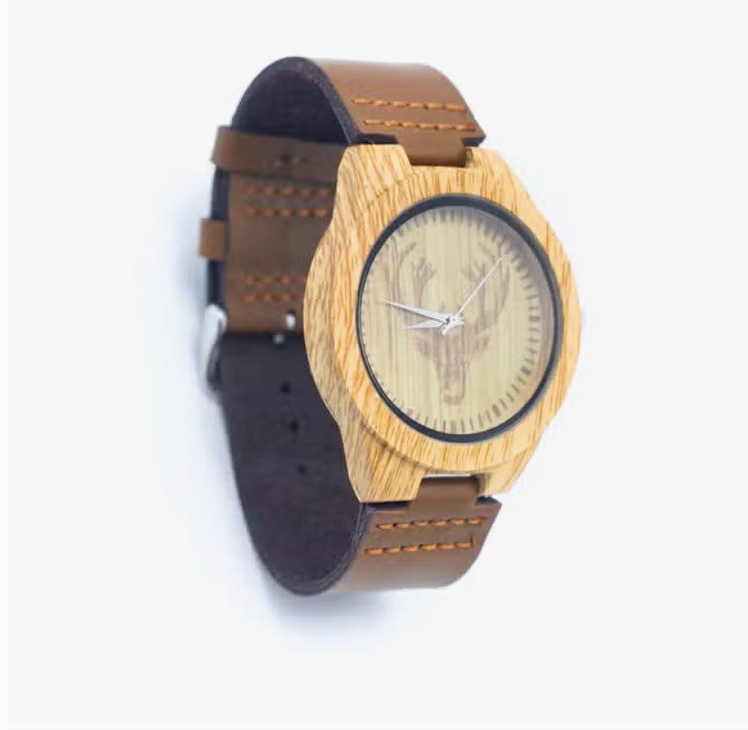 Vintage herenhorloge lederen band - houten horloge corpus - irritatie vrij polshorloge WA-290