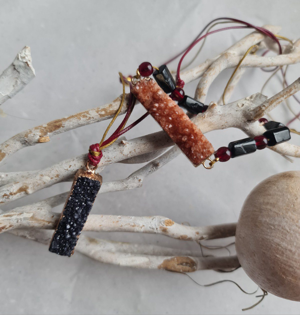 Handgemaakte edelsteen set ketting en armband - roze en zwart kwarts - granaat en toermalijn 2st - Afbeelding 3