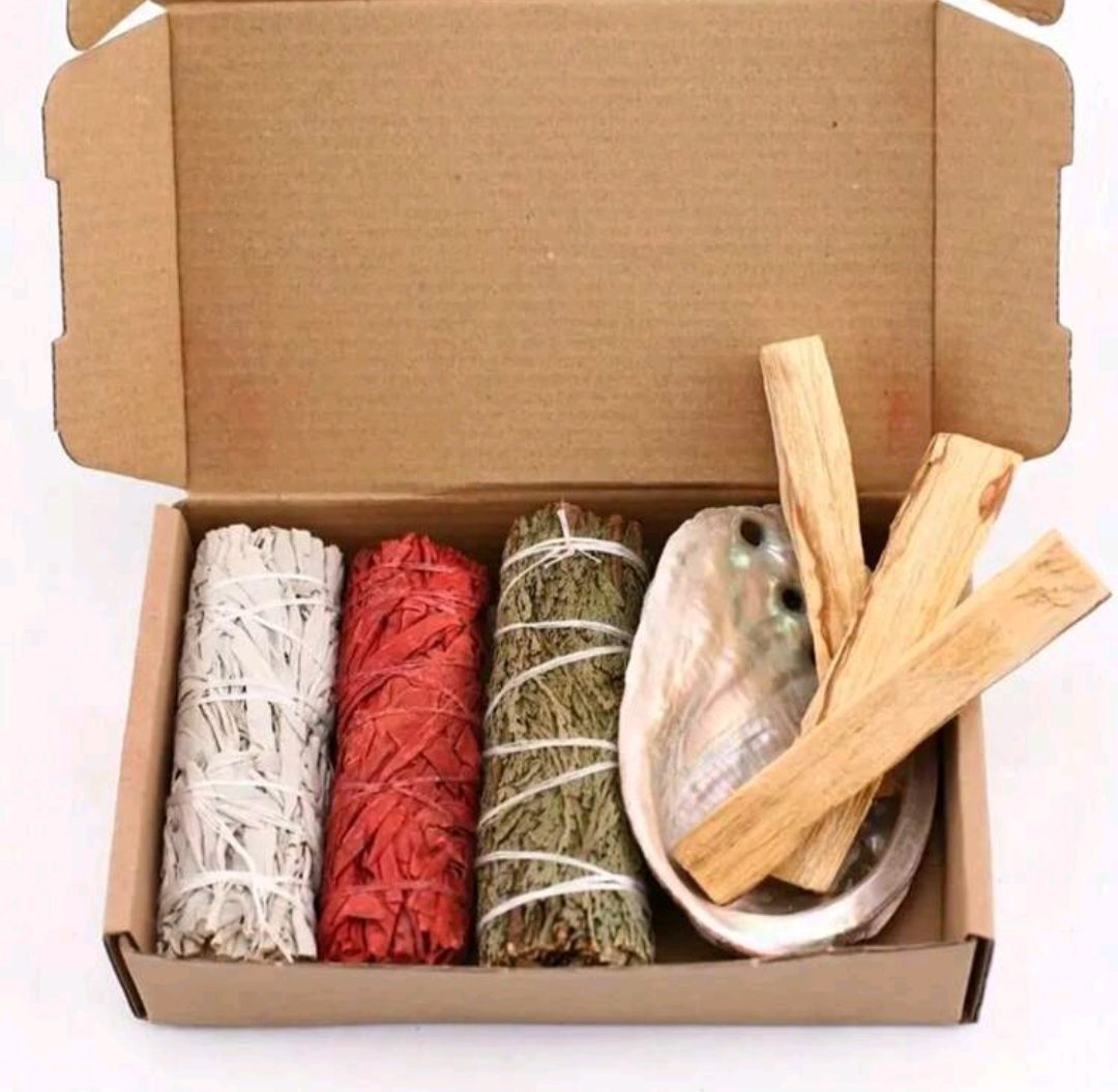 Spirituele set - smudge - salie - dragonbood - dennen - 3 heilighout - Palo Santo - abalone schelp - ritueel - 7 stuks - Afbeelding 2