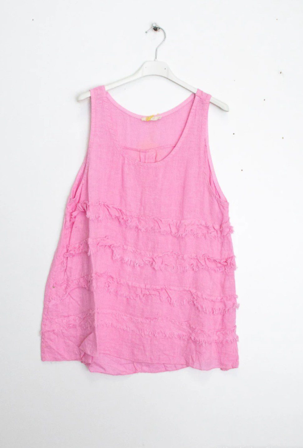 Mouwloze 100% linnen top met franjes voor kant - Casual en authentieke stijl ROZE kleur - Maat M