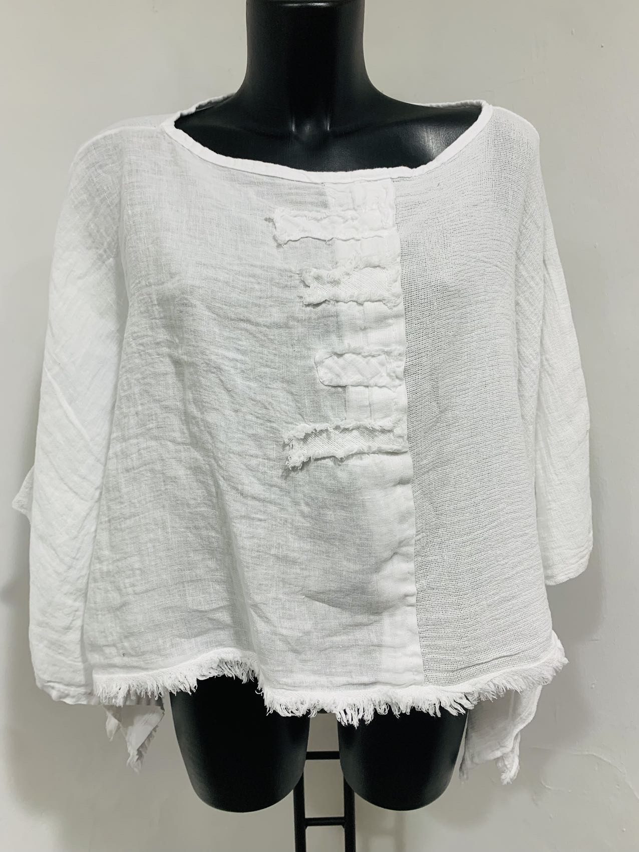 Vintage linnen korte top - bout hals - raglan mouwen kleur WIT - one size