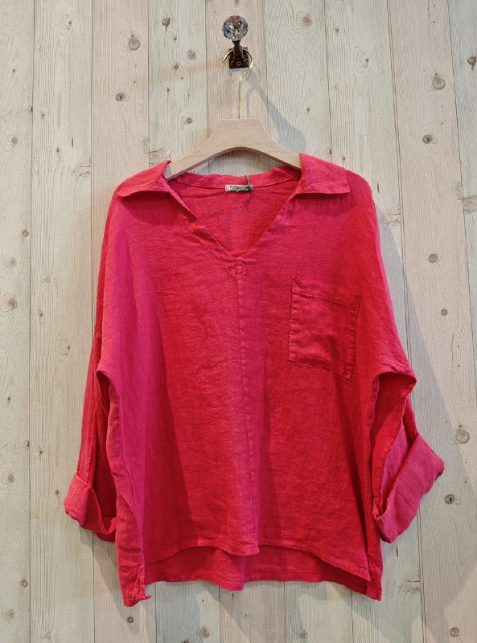 Linnen blouse met zak voor kant - oprollende mouwen en een kraagje  ROSE kleur - Maat 42/44